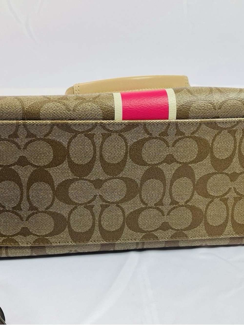 Fair condition Coach Brown Signature Canvas Satchel with Pink Stripe and Tan - Picture 7 of 15